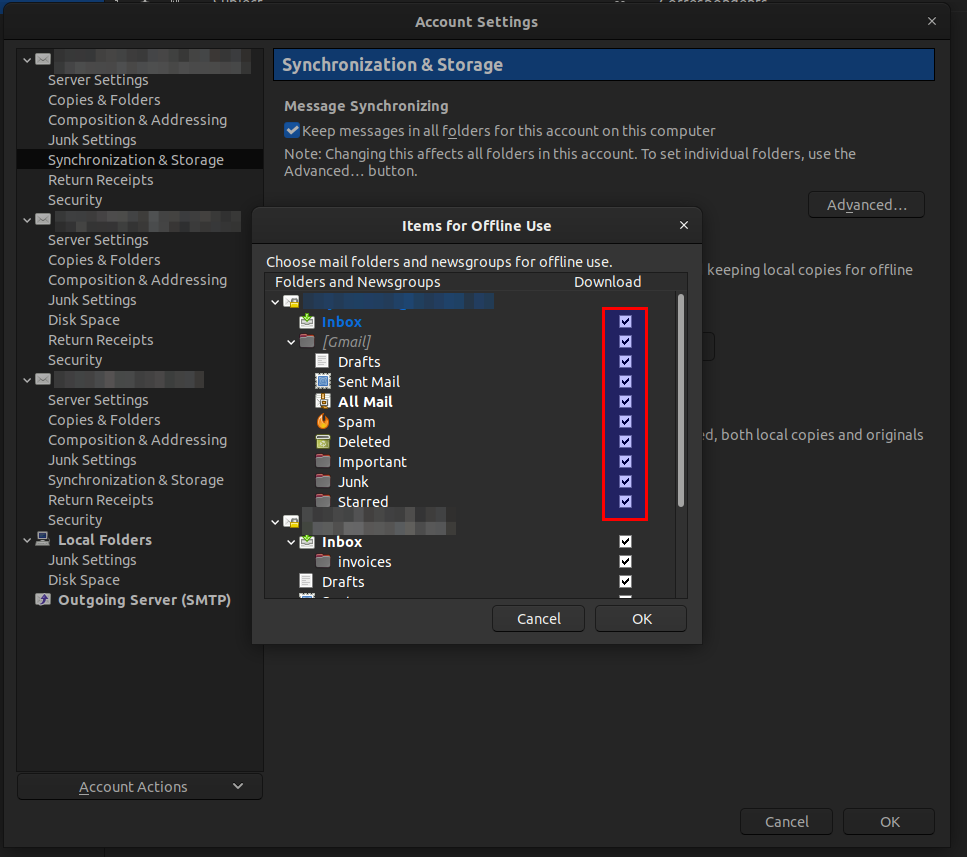 Figure 1: Thunderbird Account Settings window displaying the various buttons and options that need to be set.